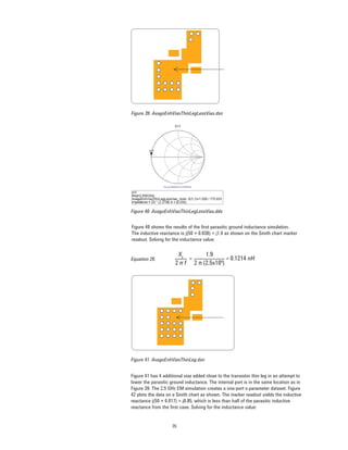 35
Figure 39. AvagoEnhViasThinLegLessVias.dsn
Figure 40. AvagoEnhViasThinLegLessVias.dds
Figure 40 shows the results of the ﬁrst parasitic ground inductance simulation.
The inductive reactance is j(50 × 0.038) = j1.9 as shown on the Smith chart marker
readout. Solving for the inductance value:
Equation 26.
Figure 41. AvagoEnhViasThinLeg.dsn
Figure 41 has 4 additional vias added close to the transistor thin leg in an attempt to
lower the parasitic ground inductance. The internal port is in the same location as in
Figure 39. The 2.5 GHz EM simulation creates a one-port s-parameter dataset. Figure
42 plots the data on a Smith chart as shown. The marker readout yields the inductive
reactance j(50 × 0.017) = j0.85, which is less than half of the parasitic inductive
reactance from the ﬁrst case. Solving for the inductance value:
1.9
2 π (2.5x109
)
XL
2 π f
= 0.1214 nH=
 