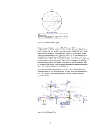 37
Figure 44. AvagoEnhViasWideLeg.dds
The two calculated inductance values of 0.05447 nH and 0.1608 nH are now put in
parallel to obtain an estimate of parasitic inductance. Note that putting the inductance
values in parallel with each other is a very crude approach, but will likely give a decent
ballpark estimate of parasitic ground inductance. Putting the inductances in parallel
yields an estimated parasitic ground inductance of 0.045 nH. An alternate approach to
putting the inductance values in parallel would be to use the nonlinear model for the
simulation since it includes both source leads. Then, the narrow transistor leg calculated
parasitic ground inductance is connected to the narrow source leg and the wide leg
calculated parasitic ground inductance is connected to the wide source leg and used
for simulation. Note also that the Avago measured s-parameter data was measured in a
ﬁxture with vias that add parasitic ground inductance.
Figure 45 combines the PCB layout node of each PCB layout trace with the circuit
component models to EM/Circuit Co-Simulate the entire circuit with layout parasitics.
Each PCB trace was ﬁrst simulated with the EM simulator to produce a multiport
s-parameter dataset.
Figure 45. ATF54143ampEM.dsn
 