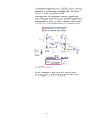 42
S-Parameters, Noise Figure, Gain, Stability,
Circles, and Group Delay versus Frequency
The input matching network is designed using the ADS Matching Network Design Guide
as shown in Figure 52 and demonstrated in Figure 51. An L-match is designed consisting
of a parallel 2.42 nH inductor next to the 50 Ω source and a series 1.64 pF capacitor
connected to the ampliﬁer input as displayed in Figure 52.
Figure 53 adds the ideal input matching network to the Figure 47 ampliﬁer, which
contains PCB and lumped component parasitics. Note that the 2.4 nH parallel inductor is
connected in parallel with the 50 Ω source and the 1.6 pF series capacitor then connects
to the ampliﬁer input. The inductor is not connected to the inductor pad from the Node1
EM simulation since the ﬁrst Node1 EM simulation is a one-port s-parameter dataset.
Figure 53. ATF54143_InMatch.dsn
The Figure 53 s-parameters are plotted in Figure 54. The Smith charts indicate
both the input and output are well matched at 2.5 GHz. The numeric gain on the S21
polar chart at 2.5 GHz is 5.53, which converts to 14.85 dB.
 