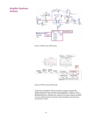 48
Ampliﬁer Nonlinear
Analysis
Figure 62. ATF54143_Amp_HBT2Tone.dsn
Figure 63. ATF541413_Amp_HBT2Tone.dds
A third order intermodulation distortion simulation is conﬁgured using the ADS
Ampliﬁer Design Guide (from a schematic, select DesignGuide > Ampliﬁer > 2-Tone
Nonlinear Simulations > Spectrum, Gain, TOI and 5th OI Points) in Figure 62. The Figure
60 ATF54143 two-port s-parameter data is replaced in the parasitic model by the biased
non-linear model from Figure 5. The red box in Figure 63 displays a third order input
intercept point of 7 dBm.
 