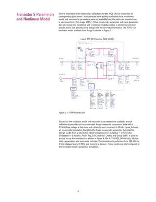 8
Figure 3. ATF54143model.dsn
Since both the nonlinear model and measured s-parameters are available, a quick
validation is possible and recommended. Avago measured s-parameter data with a
3.0 Volt bias voltage at the drain and a drain-to-source current of 60 mA. Figure 4 shows
an s-parameter simulation that plots the Avago measured s-parameter. An Ampliﬁer
Design Guide (from a schematic, select: DesignGuides > Ampliﬁer > S-Parameter
Simulations > S-Params., Noise Fig., Gain, Stability, Circles, and Group Delay) is used to
quickly set up the simulation as shown in Figure 4. The ATF541433_3V60mA.s2p ﬁle has
both s-parameters and noise data included. The simulation is performed from 100 MHz to
6 GHz, stepped every 10 MHz and stored in a dataset. These results are later compared to
the nonlinear model s-parameter simulation.
Several transistors were selected as candidates for the WCS LNA by inspection of
corresponding data sheets. Many devices were quickly eliminated since a nonlinear
model and measured s-parameters were not available from the particular manufacturer
in electronic form. The Avago ATF54143 has measured s-parameter and noise parameter
data at various bias conditions and a nonlinear model available in electronic form and
speciﬁcations that should yield a design with the desired performance. The ATF54143
nonlinear model available from Avago is shown in Figure 3.
Transistor S-Parameters
and Nonlinear Model
Latest ATF-54143curtice ADS MODEL
 