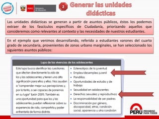 Las unidades didácticas se generan a partir de asuntos públicos, éstos los podemos
extraer de los fascículos específicos de Ciudadanía, priorizando aquellos que
consideremos como relevantes al contexto y las necesidades de nuestros estudiantes.
En el ejemplo que venimos desarrollando, referido a estudiantes varones del cuarto
grado de secundaria, provenientes de zonas urbano marginales, se han seleccionado los
siguientes asuntos públicos:
2
 