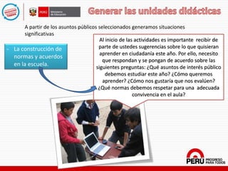 - La construcción de
normas y acuerdos
en la escuela.
A partir de los asuntos públicos seleccionados generamos situaciones
significativas
Al inicio de las actividades es importante recibir de
parte de ustedes sugerencias sobre lo que quisieran
aprender en ciudadanía este año. Por ello, necesito
que respondan y se pongan de acuerdo sobre las
siguientes preguntas: ¿Qué asuntos de interés público
debemos estudiar este año? ¿Cómo queremos
aprender? ¿Cómo nos gustaría que nos evalúen?
¿Qué normas debemos respetar para una adecuada
convivencia en el aula?
 