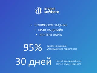 • ТЕХНИЧЕСКОЕ ЗАДАНИЕ
• БРИФ НА ДИЗАЙН
• КОНТЕНТ-КАРТА
95% дизайн-концепций
утверждаются с первого раза
30 дней Чистый срок разработки
сайта в Студии Борового
 