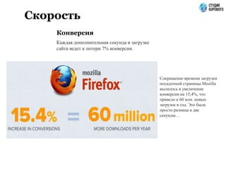 Скорость
Конверсия
Каждая дополнительная секунда в загрузке
сайта ведет к потери 7% конверсии.
Сокращение времени загрузки
посадочной страницы Mozilla
вылилось в увеличение
конверсии на 15,4%, что
привело к 60 млн. новых
загрузок в год. Это была
просто разница в две
секунды…
 