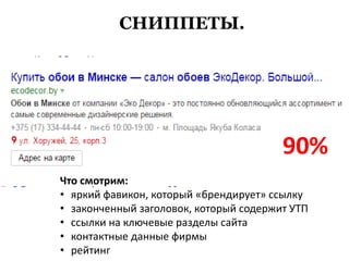 СНИППЕТЫ.
60%
90%
Что смотрим:
• яркий фавикон, который «брендирует» ссылку
• законченный заголовок, который содержит УТП
• ссылки на ключевые разделы сайта
• контактные данные фирмы
• рейтинг
 