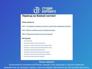 Запуск проекта
Используется отлаженный бизнес-процесс для переезда и запуска проектов,
разработчик не покидает проект, пока не закроет абсолютно все 20 пунктов чек-листа.
 