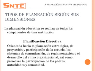 TIPOS DE PLANEACIÓN SEGÚN SUS
DIMENSIONES
La planeación educativa se realiza en todos los
componentes de una institución.
Planificación Directiva
Orientada hacia la planeación estratégica, de
proyección y participación de la escuela, los
sistemas de comunicación, de reglamentación y el
desarrollo del clima organizacional, así como
promover la participación de los padres,
autoridades y comunidad.
LA PLANEACIÓN EDUCATIVA DEL DOCENTE
_________________________________________________
 