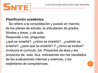 Planificación académica
Se refiere a la consolidación y puesta en marcha
de los planes de estudio, la articulación de grados,
Niveles y áreas, y de aula.
Responde a las preguntas:
¿qué se enseña?, ¿cómo se enseña?, ¿cuándo se
enseña?, ¿para qué se enseña? Y ¿cómo se evalúa?.
Involucra el currículo, los Proyectos de área y los
proyectos de aula. Sus indicadores son los resultados
de las evaluaciones internas y externas, y los
estándares de competencias.
LA PLANEACIÓN EDUCATIVA DEL DOCENTE
_________________________________________________
 