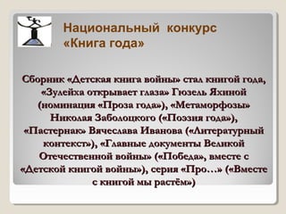 Сборник «Детская книга войны» стал книгой года,Сборник «Детская книга войны» стал книгой года,
«Зулейха открывает глаза» Гюзель Яхиной«Зулейха открывает глаза» Гюзель Яхиной
(номинация «Проза года»), «Метаморфозы»(номинация «Проза года»), «Метаморфозы»
Николая Заболоцкого («Поэзия года»),Николая Заболоцкого («Поэзия года»),
«Пастернак» Вячеслава Иванова («Литературный«Пастернак» Вячеслава Иванова («Литературный
контекст»), «Главные документы Великойконтекст»), «Главные документы Великой
Отечественной войны» («Победа», вместе сОтечественной войны» («Победа», вместе с
«Детской книгой войны»), серия «Про…» («Вместе«Детской книгой войны»), серия «Про…» («Вместе
с книгой мы растём»)с книгой мы растём»)
Национальный конкурс
«Книга года»
 