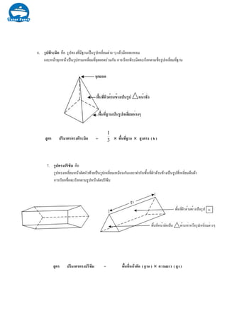 6. รูปพีระมิด คือ รูปทรงที่มีฐานเปนรูปเหลี่ยมตาง ๆ แลวมียอดแหลม
และหนาทุกหนาเปนรูปสามเหลี่ยมที่จุดยอดรวมกัน การเรียกพีระมิดจะเรียกตามชื่อรูปเหลี่ยมที่ฐาน
สูตร ปริมาตรทรงพีระมิด = × พื้นที่ฐาน × สูงตรง ( h )3
1
7. รูปทรงปริซึม คือ
รูปทรงเหลี่ยมหนาตัดหัวทายเปนรูปเหลี่ยมเหมือนกันและเทากันพื้นที่ผิวดานขางเปนรูปสี่เหลี่ยมผืนผา
การเรียกชื่อจะเรียกตามรูปหนาตัดปริซึม
สูตร ปริมาตรทรงปริซึม = พื้นที่หนาตัด ( ฐาน ) × ความยาว ( สูง )
 