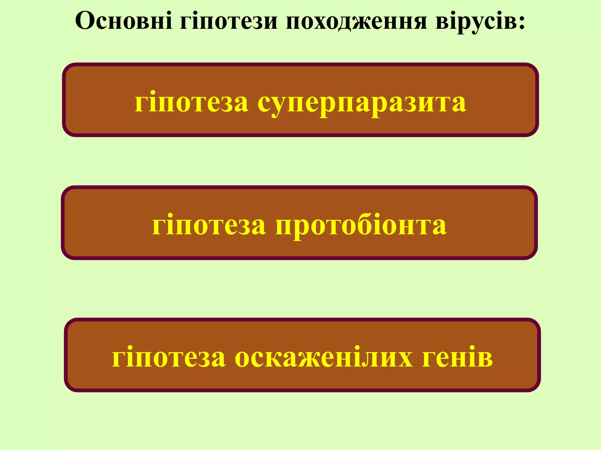 гіпотеза суперпаразита
Основні гіпотези походження вірусів:
гіпотеза оскаженілих генів
гіпотеза протобіонта
 