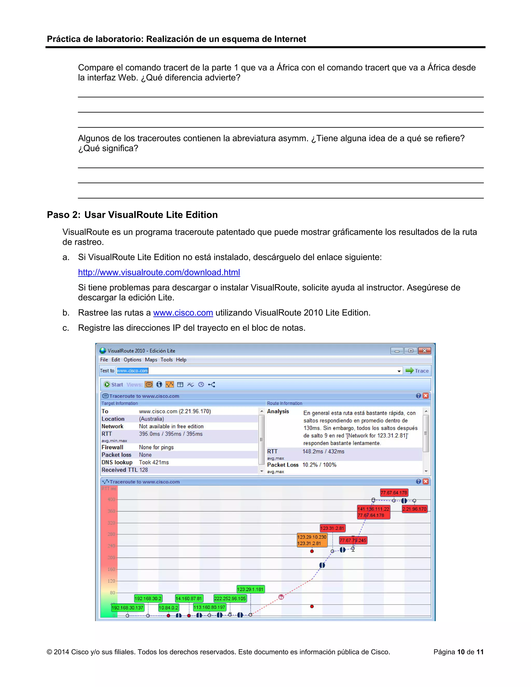 Práctica de laboratorio: Realización de un esquema de Internet
© 2014 Cisco y/o sus filiales. Todos los derechos reservados. Este documento es información pública de Cisco. Página 10 de 11
Compare el comando tracert de la parte 1 que va a África con el comando tracert que va a África desde
la interfaz Web. ¿Qué diferencia advierte?
____________________________________________________________________________________
____________________________________________________________________________________
____________________________________________________________________________________
Algunos de los traceroutes contienen la abreviatura asymm. ¿Tiene alguna idea de a qué se refiere?
¿Qué significa?
____________________________________________________________________________________
____________________________________________________________________________________
____________________________________________________________________________________
Paso 2: Usar VisualRoute Lite Edition
VisualRoute es un programa traceroute patentado que puede mostrar gráficamente los resultados de la ruta
de rastreo.
a. Si VisualRoute Lite Edition no está instalado, descárguelo del enlace siguiente:
http://www.visualroute.com/download.html
Si tiene problemas para descargar o instalar VisualRoute, solicite ayuda al instructor. Asegúrese de
descargar la edición Lite.
b. Rastree las rutas a www.cisco.com utilizando VisualRoute 2010 Lite Edition.
c. Registre las direcciones IP del trayecto en el bloc de notas.
El dominio cisco.com se aloja en numerosos sitios Web o sitios reflejados por
todo el mundo. Esto se hace para que el tiempo de acceso al sitio sea rápido desde cualquier lugar del
mundo.
el paquete tomó una ruta para llegar al destino y una ruta diferente para volver
 