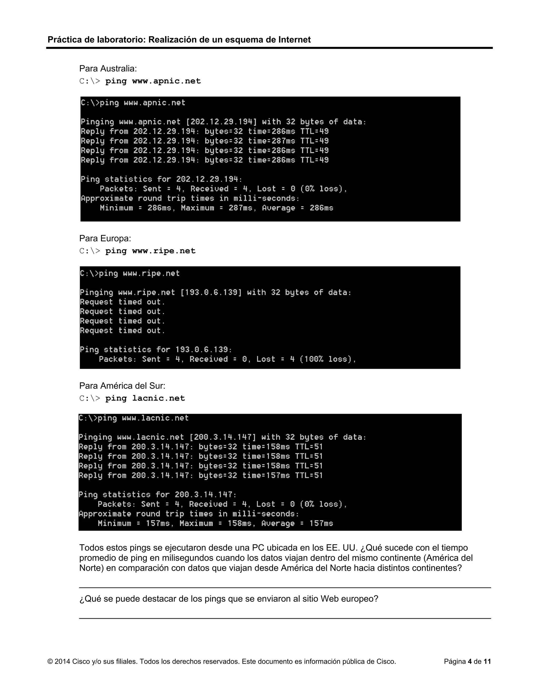 Práctica de laboratorio: Realización de un esquema de Internet
© 2014 Cisco y/o sus filiales. Todos los derechos reservados. Este documento es información pública de Cisco. Página 4 de 11
Para Australia:
C:> ping www.apnic.net
Para Europa:
C:> ping www.ripe.net
Para América del Sur:
C:> ping lacnic.net
Todos estos pings se ejecutaron desde una PC ubicada en los EE. UU. ¿Qué sucede con el tiempo
promedio de ping en milisegundos cuando los datos viajan dentro del mismo continente (América del
Norte) en comparación con datos que viajan desde América del Norte hacia distintos continentes?
____________________________________________________________________________________
¿Qué se puede destacar de los pings que se enviaron al sitio Web europeo?
____________________________________________________________________________________
el tiempo promedio de ping en milisegundos aumenta notablemente.
no dieron respuesta
 