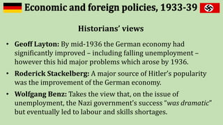 The Nazis also made other
attempts to improve conditions
for German workers.
The Strength Through Joy
scheme offered them access to
cheap holidays and cars.
In addition the Beauty of Work
programme improved
workplace conditions, such as
ventilation and lighting.
 