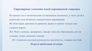 Структурные элементы новой нормативной ситуации
Но прошел год и эмоциональная составляющая изменилась, у части детей и
родителей стали возникать отрицательные переживания.
№1 Некоторым девочкам не нравилась форма (слишком холодно или
слишком жарко).
№2. Много муштры, тренировок, страдает качество образования, дети не
успевают делать домашнее задание.
№3. Сменился классный руководитель-воспитатель, слишком жесткий.
Назрела проблемная ситуация.
 