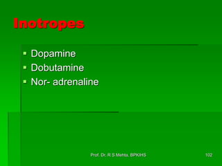 Inotropes
 Dopamine
 Dobutamine
 Nor- adrenaline
102Prof. Dr. R S Mehta, BPKIHS
 