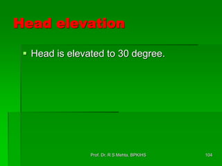 Head elevation
 Head is elevated to 30 degree.
104Prof. Dr. R S Mehta, BPKIHS
 