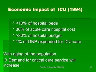 Economic Impact of ICU (1994)
* <10% of hospital beds
* 30% of acute care hospital cost
* >20% of hospital budget
* 1% of GNP expended for ICU care
With aging of the population
 Demand for critical care service will
increase 12Prof. Dr. R S Mehta, BPKIHS
 