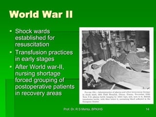 World War II
 Shock wards
established for
resuscitation
 Transfusion practices
in early stages
 After World war-II,
nursing shortage
forced grouping of
postoperative patients
in recovery areas
14Prof. Dr. R S Mehta, BPKIHS
 