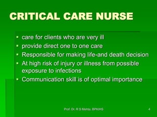 CRITICAL CARE NURSE
 care for clients who are very ill
 provide direct one to one care
 Responsible for making life-and death decision
 At high risk of injury or illness from possible
exposure to infections
 Communication skill is of optimal importance
4Prof. Dr. R S Mehta, BPKIHS
 