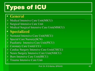 Types of ICU
 General
 Medical Intensive Care Unit(MICU)
 Surgical Intensive Care Unit
 Medical Surgical Intensive Care Unit(MSICU)
 Specialized
 Neonatal Intensive Care Unit(NICU)
 Special Care Nursery(SCN)
 Paediatric Intensive Care Unit(PICU)
 Coronary Care Unit(CCU)
 Cardiac Surgery Intensive Care Unit(CSICU)
 Neuro Surgery Intensive Care Unit(NSICU)
 Burn Intensive Care Unit(BICU)
 Trauma Intensive Care Unit
46Prof. Dr. R S Mehta, BPKIHS
 