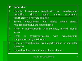 F. Endocrine
1. Diabetic ketoacidosis complicated by hemodynamic
instability, altered mental status, respiratory
insufficiency, or severe acidosis
2. Severe hypercalcemia with altered mental status,
requiring hemodynamic monitoring
3. Hypo or hypernatremia with seizures, altered mental
status
4. Hypo or hypermagnesemia with hemodynamic
compromise or dysrhythmias
5. Hypo or hyperkalemia with dysrhythmias or muscular
weakness
6. Hypophosphatemia with muscular weakness
72Prof. Dr. R S Mehta, BPKIHS
 