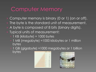 › Computer memory is binary (0 or 1) (on or off).
› The byte is the standard unit of measurement.
› A byte is composed of 8 bits (binary digits).
› Typical units of measurement:
 1 KB (kilobyte) = 1000 bytes
 1 MB (megabyte) =1000 kilobytes or 1 million
bytes
 1 GB (gigabyte) =1000 megabytes or 1 billion
bytes
 