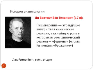 История энзимологии
Пищеварение — это идущие
внутри тела химические
реакции, важнейшую роль в
которых играет химический
реагент – «фермент» (от лат.
fermentum «брожение»)
Ян Баптист Ван Гельмонт (17 в):
Лат. fermentum, греч. enzym
4
 