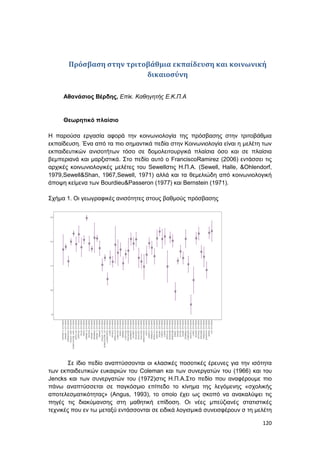 120
Πρόσβαση στην τριτοβάθμια εκπαίδευση και κοινωνική
δικαιοσύνη
Αθανάσιος Βέρδης, Επίκ. Καθηγητής Ε.Κ.Π.Α
Θεωρητικό πλαίσιο
Η παρούσα εργασία αφορά την κοινωνιολογία της πρόσβασης στην τριτοβάθμια
εκπαίδευση. Ένα από τα πιο σημαντικά πεδία στην Κοινωνιολογία είναι η μελέτη των
εκπαιδευτικών ανισοτήτων τόσο σε δομολειτουργικά πλαίσια όσο και σε πλαίσια
βεμπεριανά και μαρξιστικά. Στο πεδίο αυτό ο FranciscoRamirez (2006) εντάσσει τις
αρχικές κοινωνιολογικές μελέτες του Sewellστις Η.Π.Α. (Sewell, Halle, &Ohlendorf,
1979,Sewell&Shan, 1967,Sewell, 1971) αλλά και τα θεμελιώδη από κοινωνιολογική
άποψη κείμενα των Bourdieu&Passeron (1977) και Bernstein (1971).
Σχήμα 1. Οι γεωγραφικές ανισότητες στους βαθμούς πρόσβασης
Σε ίδιο πεδίο αναπτύσσονται οι κλασικές ποσοτικές έρευνες για την ισότητα
των εκπαιδευτικών ευκαιριών του Coleman και των συνεργατών του (1966) και του
Jencks και των συνεργατών του (1972)στις Η.Π.Α.Στο πεδίο που αναφέρουμε πιο
πάνω αναπτύσσεται σε παγκόσμιο επίπεδο το κίνημα της λεγόμενης «σχολικής
αποτελεσματικότητας» (Angus, 1993), το οποίο έχει ως σκοπό να ανακαλύψει τις
πηγές τις διακύμανσης στη μαθητική επίδοση. Οι νέες μπεϋζιανές στατιστικές
τεχνικές που εν τω μεταξύ εντάσσονται σε ειδικά λογισμικά συνεισφέρουν σ τη μελέτη
 
