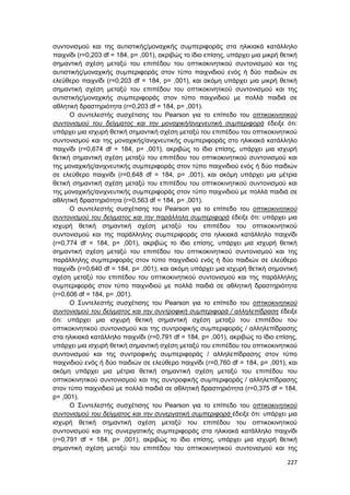 227
συντονισμού και της αυτιστικής/μοναχικής συμπεριφοράς στα ηλικιακά κατάλληλο
παιχνίδι (r=0,203 df = 184, p= ,001), ακριβώς το ίδιο επίσης, υπάρχει μια μικρή θετική
σημαντική σχέση μεταξύ του επιπέδου του οπτικοκινητικού συντονισμού και της
αυτιστικής/μοναχικής συμπεριφοράς στον τύπο παιχνιδιού ενός ή δύο παιδιών σε
ελεύθερο παιχνίδι (r=0,203 df = 184, p= ,001), και ακόμη υπάρχει μια μικρή θετική
σημαντική σχέση μεταξύ του επιπέδου του οπτικοκινητικού συντονισμού και της
αυτιστικής/μοναχικής συμπεριφοράς στον τύπο παιχνιδιού με πολλά παιδιά σε
αθλητική δραστηριότητα (r=0,203 df = 184, p= ,001).
Ο συντελεστής συσχέτισης του Pearson για το επίπεδο του οπτικοκινητικού
συντονισμού του δείγματος και την μοναχική/ανιχνευτική συμπεριφορά έδειξε ότι:
υπάρχει μια ισχυρή θετική σημαντική σχέση μεταξύ του επιπέδου του οπτικοκινητικού
συντονισμού και της μοναχικής/ανιχνευτικής συμπεριφοράς στο ηλικιακά κατάλληλο
παιχνίδι (r=0,674 df = 184, p= ,001), ακριβώς το ίδιο επίσης, υπάρχει μια ισχυρή
θετική σημαντική σχέση μεταξύ του επιπέδου του οπτικοκινητικού συντονισμού και
της μοναχικής/ανιχνευτικής συμπεριφοράς στον τύπο παιχνιδιού ενός ή δύο παιδιών
σε ελεύθερο παιχνίδι (r=0,648 df = 184, p= ,001), και ακόμη υπάρχει μια μέτρια
θετική σημαντική σχέση μεταξύ του επιπέδου του οπτικοκινητικού συντονισμού και
της μοναχικής/ανιχνευτικής συμπεριφοράς στον τύπο παιχνιδιού με πολλά παιδιά σε
αθλητική δραστηριότητα (r=0,563 df = 184, p= ,001).
Ο συντελεστής συσχέτισης του Pearson για το επίπεδο του οπτικοκινητικού
συντονισμού του δείγματος και την παράλληλη συμπεριφορά έδειξε ότι: υπάρχει μια
ισχυρή θετική σημαντική σχέση μεταξύ του επιπέδου του οπτικοκινητικού
συντονισμού και της παράλληλης συμπεριφοράς στα ηλικιακά κατάλληλο παιχνίδι
(r=0,774 df = 184, p= ,001), ακριβώς το ίδιο επίσης, υπάρχει μια ισχυρή θετική
σημαντική σχέση μεταξύ του επιπέδου του οπτικοκινητικού συντονισμού και της
παράλληλης συμπεριφοράς στον τύπο παιχνιδιού ενός ή δύο παιδιών σε ελεύθερο
παιχνίδι (r=0,640 df = 184, p= ,001), και ακόμη υπάρχει μια ισχυρή θετική σημαντική
σχέση μεταξύ του επιπέδου του οπτικοκινητικού συντονισμού και της παράλληλης
συμπεριφοράς στον τύπο παιχνιδιού με πολλά παιδιά σε αθλητική δραστηριότητα
(r=0,606 df = 184, p= ,001).
Ο Συντελεστής συσχέτισης του Pearson για το επίπεδο του οπτικοκινητικού
συντονισμού του δείγματος και την συντροφική συμπεριφορά / αλληλεπίδραση έδειξε
ότι: υπάρχει μια ισχυρή θετική σημαντική σχέση μεταξύ του επιπέδου του
οπτικοκινητικού συντονισμού και της συντροφικής συμπεριφοράς / αλληλεπίδρασης
στα ηλικιακά κατάλληλο παιχνίδι (r=0,791 df = 184, p= ,001), ακριβώς το ίδιο επίσης,
υπάρχει μια ισχυρή θετική σημαντική σχέση μεταξύ του επιπέδου του οπτικοκινητικού
συντονισμού και της συντροφικής συμπεριφοράς / αλληλεπίδρασης στον τύπο
παιχνιδιού ενός ή δύο παιδιών σε ελεύθερο παιχνίδι (r=0,760 df = 184, p= ,001), και
ακόμη υπάρχει μια μέτρια θετική σημαντική σχέση μεταξύ του επιπέδου του
οπτικοκινητικού συντονισμού και της συντροφικής συμπεριφοράς / αλληλεπίδρασης
στον τύπο παιχνιδιού με πολλά παιδιά σε αθλητική δραστηριότητα (r=0,375 df = 184,
p= ,001).
Ο Συντελεστής συσχέτισης του Pearson για το επίπεδο του οπτικοκινητικού
συντονισμού του δείγματος και την συνεργατική συμπεριφορά έδειξε ότι: υπάρχει μια
ισχυρή θετική σημαντική σχέση μεταξύ του επιπέδου του οπτικοκινητικού
συντονισμού και της συνεργατικής συμπεριφοράς στα ηλικιακά κατάλληλο παιχνίδι
(r=0,791 df = 184, p= ,001), ακριβώς το ίδιο επίσης, υπάρχει μια ισχυρή θετική
σημαντική σχέση μεταξύ του επιπέδου του οπτικοκινητικού συντονισμού και της
 