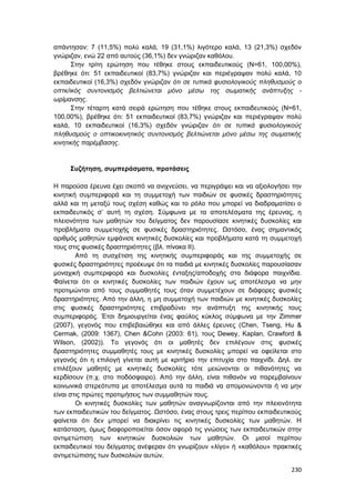230
απάντησαν: 7 (11,5%) πολύ καλά, 19 (31,1%) λιγότερο καλά, 13 (21,3%) σχεδόν
γνώριζαν, ενώ 22 από αυτούς (36,1%) δεν γνώριζαν καθόλου.
Στην τρίτη ερώτηση που τέθηκε στους εκπαιδευτικούς (Ν=61, 100,00%),
βρέθηκε ότι: 51 εκπαιδευτικοί (83,7%) γνώριζαν και περιέγραψαν πολύ καλά, 10
εκπαιδευτικοί (16,3%) σχεδόν γνώριζαν ότι σε τυπικά φυσιολογικούς πληθυσμούς ο
οπτκ/ικός συντονισμός βελτιώνεται μόνο μέσω της σωματικής ανάπτυξης -
ωρίμανσης.
Στην τέταρτη κατά σειρά ερώτηση που τέθηκε στους εκπαιδευτικούς (Ν=61,
100,00%), βρέθηκε ότι: 51 εκπαιδευτικοί (83,7%) γνώριζαν και περιέγραψαν πολύ
καλά, 10 εκπαιδευτικοί (16,3%) σχεδόν γνώριζαν ότι σε τυπικά φυσιολογικούς
πληθυσμούς ο οπτικοκινητικός συντονισμός βελτιώνεται μόνο μέσω της σωματικής
κινητικής παρέμβασης.
Συζήτηση, συμπεράσματα, προτάσεις
Η παρούσα έρευνα έχει σκοπό να ανιχνεύσει, να περιγράψει και να αξιολογήσει την
κινητική συμπεριφορά και τη συμμετοχή των παιδιών σε φυσικές δραστηριότητες
αλλά και τη μεταξύ τους σχέση καθώς και το ρόλο που μπορεί να διαδραματίσει ο
εκπαιδευτικός σ’ αυτή τη σχέση. Σύμφωνα με τα αποτελέσματα της έρευνας, η
πλειονότητα των μαθητών του δείγματος δεν παρουσίασε κινητικές δυσκολίες και
προβλήματα συμμετοχής σε φυσικές δραστηριότητες. Ωστόσο, ένας σημαντικός
αριθμός μαθητών εμφάνισε κινητικές δυσκολίες και προβλήματα κατά τη συμμετοχή
τους στις φυσικές δραστηριότητες (βλ. πίνακα ΙΙ).
Από τη συσχέτιση της κινητικής συμπεριφοράς και της συμμετοχής σε
φυσικές δραστηριότητες προέκυψε ότι τα παιδιά με κινητικές δυσκολίες παρουσίασαν
μοναχική συμπεριφορά και δυσκολίες ένταξης/αποδοχής στα διάφορα παιχνίδια.
Φαίνεται ότι οι κινητικές δυσκολίες των παιδιών έχουν ως αποτέλεσμα να μην
προτιμώνται από τους συμμαθητές τους όταν συμμετέχουν σε διάφορες φυσικές
δραστηριότητες. Από την άλλη, η μη συμμετοχή των παιδιών με κινητικές δυσκολίες
στις φυσικές δραστηριότητες επιβραδύνει την ανάπτυξη της κινητικής τους
συμπεριφοράς. Έτσι δημιουργείται ένας φαύλος κύκλος σύμφωνα με την Zimmer
(2007), γεγονός που επιβεβαιώθηκε και από άλλες έρευνες (Chen, Tseng, Hu &
Cermak, (2009: 1367), Chen &Cohn (2003: 61), τους Dewey, Kaplan, Crawford &
Wilson, (2002)). Το γεγονός ότι οι μαθητές δεν επιλέγουν στις φυσικές
δραστηριότητες συμμαθητές τους με κινητικές δυσκολίες μπορεί να οφείλεται στο
γεγονός ότι η επιλογή γίνεται αυτή με κριτήριο την επιτυχία στο παιχνίδι. Δηλ. αν
επιλέξουν μαθητές με κινητικές δυσκολίες τότε μειώνονται οι πιθανότητες να
κερδίσουν (π.χ. στο ποδόσφαιρο). Από την άλλη, είναι πιθανόν να παρεμβαίνουν
κοινωνικά στερεότυπα με αποτέλεσμα αυτά τα παιδιά να απομονώνονται ή να μην
είναι στις πρώτες προτιμήσεις των συμμαθητών τους.
Οι κινητικές δυσκολίες των μαθητών αναγνωρίζονται από την πλειονότητα
των εκπαιδευτικών του δείγματος. Ωστόσο, ένας στους τρεις περίπου εκπαιδευτικούς
φαίνεται ότι δεν μπορεί να διακρίνει τις κινητικές δυσκολίες των μαθητών. Η
κατάσταση, όμως διαφοροποιείται όσον αφορά τις γνώσεις των εκπαιδευτικών στην
αντιμετώπιση των κινητικών δυσκολιών των μαθητών. Οι μισοί περίπου
εκπαιδευτικοί του δείγματος ανέφεραν ότι γνωρίζουν «λίγο» ή «καθόλου» πρακτικές
αντιμετώπισης των δυσκολιών αυτών.
 