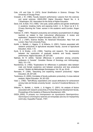 69
Cole, J.R. and Cole. S. (1973). Social Stratification in Science. Chicago: The
University of Chicago Press.
Creswell, J. W. (1985). Faculty research performance: Lessons from the sciences
and social sciences. ASHE-ERIC Higher Education Report No. 4. &
7.Washington, DC: Association for the Study of Higher Education.
Davis, D.E. & Astin, H.S. (1990). “Life cycle, career patterns and gender stratification
in academe: breaking myths and exposing truths”, in: S. Stiver Lie & V. E.
O’Leary Storming the Tower: women in the academic world (London, Kogan
Page).
Feldman, K. (1987). “Research productivity and scholarly accomplishment of college
teachers as related to their instructional effectiveness: A review and
explanation”. Research in Higher Education, 26(3), 227-298.
Hess, D. J. (1997). Science Studies. An Advanced Introduction. New York and
London: New York University Press.
Kotrlik, J., Bartlett, J., Higgins, C. & Williams, H. (2001). Factors associated with
research productivity of agricultural education faculty. Journal of Agricultural
Education, 43(3), 1-10.
Kyvik, S. & Smeby, J.-Ch. (1994). Teaching and research. The relashionship
between the supervision of graduate students and faculty research
performance. Higher Education, 28: 227-239.
Nakhaie, M. R. (2002). “Gender differences in publication among university
professors in Canada”. Canadian Review of Sociology and Anthropology,
39(2), 151–179.
Noordenbos, G. (1992). "Explanations for differences in publication rates between
male and female academics and between productive and less productive
women." Bulletin de Methodologie Sociologique, Vol. 35, pp. 22-45.
Ramsden, P. (1994). “Describing and explaining research productivity”. Higher
Education, 28, 207-226.
Teodorescu, D. (2000). Correlates of faculty publication productivity: A cross-national
analysis. Higher Education, 39, 201-222.
Vasil, L. (1992). “Self-efficacy expectations and causal attributions for achievement
among male and female university faculty”. Journal of Vocational Behavior, 41,
259.
Williams, H., Bartlett, J., Kotrlik, J., & Higgins, C. (2001). An analysis of factors
associated with research productivity of Human Resource Development faculty.
Proceedings of the Academy of Resource Development, USA.
ΟΟΣΑ (2002). H μέτρηση των επιστημονικών και τεχνολογικών δραστηριοτήτων.
Προτεινόμενη τυποποιημένη πρακτική για καταγραφές έρευνας και πειραματικής
ανάπτυξης. Εγχειρίδιο Frascati,. ΓΓΕΤ.
 