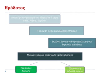 Ηρόδοτος
Απορεί με τον χωρισμό του κόσμου σε 3 μέρη
Ασία , Λιβύη , Ευρώπη
Η Ευρώπη είναι η μεγαλύτερη Ήπειρος
δηλώνει άγνοια για την προέλευση των
θηλυκών ονομάτων
Μνημονεύει δυο αποστολές χαρτογράφησης
Περίπλους
Αφρικής
Εξερεύνηση
Ινδού Ποταμού
 