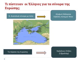 Τι πίστευαν οι Έλληνες για τα σύνορα της
Ευρώπης;
Β. Ανατολικά σύνορα με Ασία
Τα πέρατα της Ευρώπης
Αζοφική Θάλασσα
Εκβολές ποταμού Ντον
Ηράκλειες Στήλες
(Γιβραλτάρ)
 