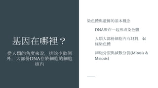 e
ĽǶȁfųٔ
⣬󲿷DNA춼ļ
˃
ȾɫwczĻ
DNAһγȾɫw
󲿷ݼ2346
lȾɫw
cp(Mitosis &
Meiosis)
 
