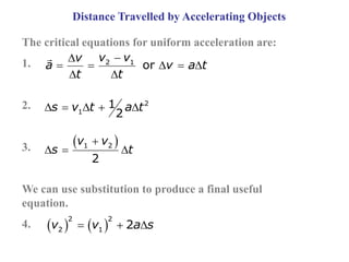 Distance Travelled by Accelerating Objects
The critical equations for uniform acceleration are:
1.
2.
3.
We can use substitution to produce a final useful
equation.
4.


    
 
2 1
or
v v
v
a v a t
t t
     2
1
1
2
s v t a t
 

  
1 2
2
v v
s t
   
  
2 2
2 1 2
v v a s
 