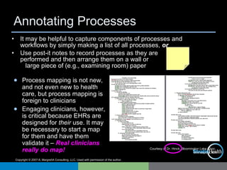 Copyright © 2007-8, MargretA Consulting, LLC. Used with permission of the author.
Annotating Processes
Courtesy of Dr. Hinck, Bloomington Lake Clinic,
Minneapolis, MN
• It may be helpful to capture components of processes and
workflows by simply making a list of all processes, or
• Use post-it notes to record processes as they are
performed and then arrange them on a wall or
large piece of (e.g., examining room) paper
● Process mapping is not new,
and not even new to health
care, but process mapping is
foreign to clinicians
● Engaging clinicians, however,
is critical because EHRs are
designed for their use. It may
be necessary to start a map
for them and have them
validate it – Real clinicians
really do map!
 