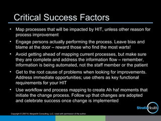Copyright © 2007-8, MargretA Consulting, LLC. Used with permission of the author.
Critical Success Factors
• Map processes that will be impacted by HIT, unless other reason for
process improvement
• Engage persons actually performing the process. Leave bias and
blame at the door – reward those who find the most warts!
• Avoid getting ahead of mapping current processes, but make sure
they are complete and address the information flow – remember,
information is being automated, not the staff member or the patient
• Get to the root cause of problems when looking for improvements.
Address immediate opportunities; use others as key functional
requirements for your HIT
• Use workflow and process mapping to create Ah ha! moments that
initiate the change process. Follow up that changes are adopted
and celebrate success once change is implemented
 