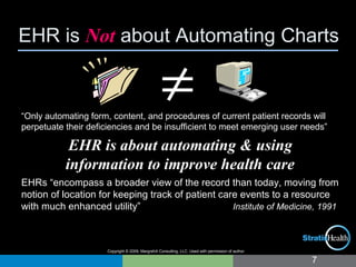 EHR is Not about Automating Charts
7
“Only automating form, content, and procedures of current patient records will
perpetuate their deficiencies and be insufficient to meet emerging user needs”
EHR is about automating & using
information to improve health care
EHRs “encompass a broader view of the record than today, moving from
notion of location for keeping track of patient care events to a resource
with much enhanced utility” Institute of Medicine, 1991
≠
Copyright © 2009, MargretA Consulting, LLC. Used with permission of author.
 
