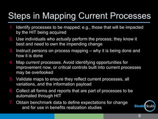 Steps in Mapping Current Processes
8
1. Identify processes to be mapped; e.g., those that will be impacted
by the HIT being acquired
2. Use individuals who actually perform the process; they know it
best and need to own the impending change
3. Instruct persons on process mapping – why it is being done and
how it is done
4. Map current processes. Avoid identifying opportunities for
improvement now, or critical controls built into current processes
may be overlooked
5. Validate maps to ensure they reflect current processes, all
variations, and the information payload
6. Collect all forms and reports that are part of processes to be
automated through HIT
7. Obtain benchmark data to define expectations for change
and for use in benefits realization studies
 