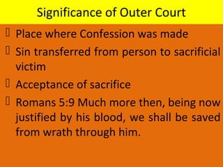 Significance of Outer Court
 Place where Confession was made
 Sin transferred from person to sacrificial
victim
 Acceptance of sacrifice
 Romans 5:9 Much more then, being now
justified by his blood, we shall be saved
from wrath through him.
 