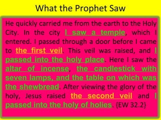 What the Prophet Saw
He quickly carried me from the earth to the Holy
City. In the city I saw a temple, which I
entered. I passed through a door before I came
to the first veil. This veil was raised, and I
passed into the holy place. Here I saw the
altar of incense, the candlestick with
seven lamps, and the table on which was
the shewbread. After viewing the glory of the
holy, Jesus raised the second veil and I
passed into the holy of holies. {EW 32.2}
 