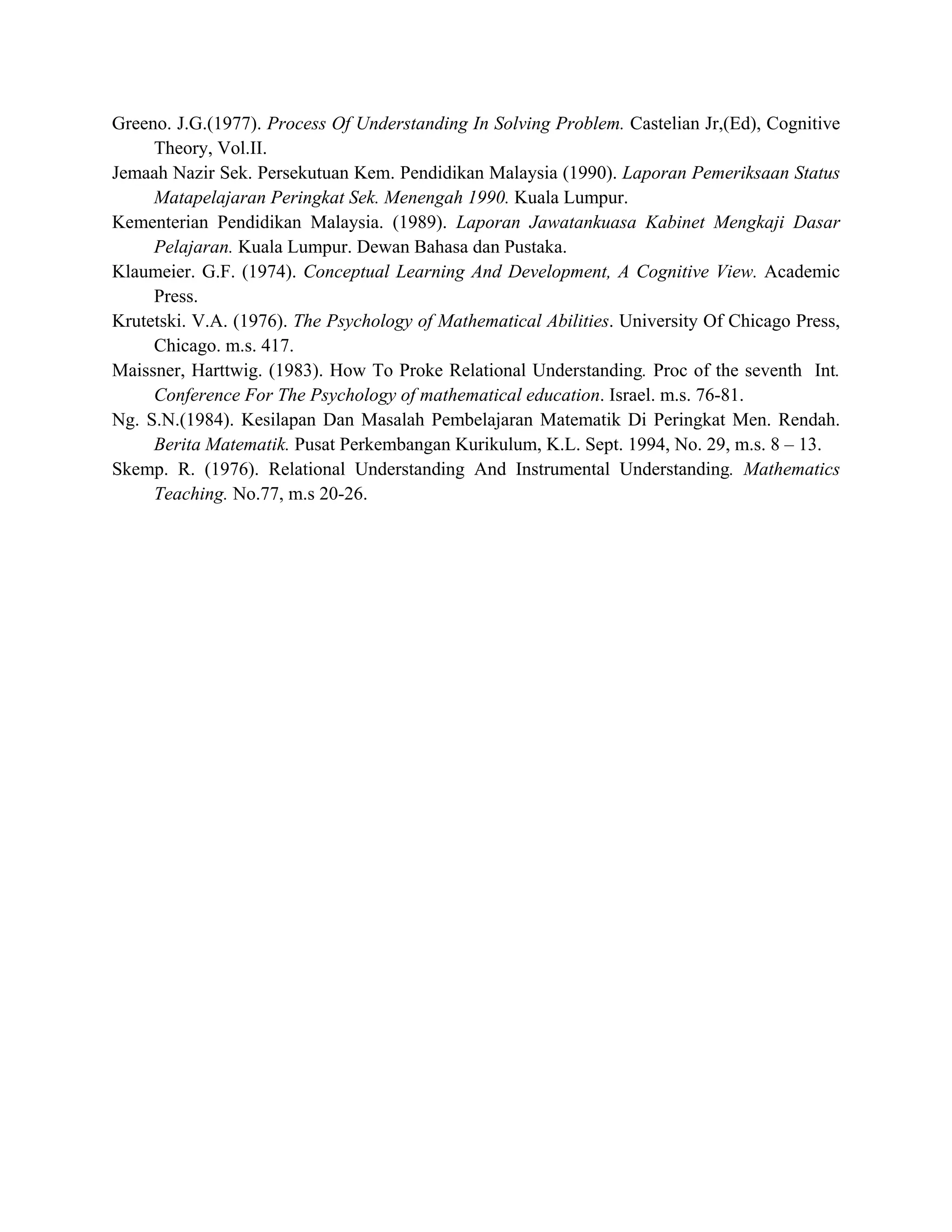 Greeno. J.G.(1977). Process Of Understanding In Solving Problem. Castelian Jr,(Ed), Cognitive
Theory, Vol.II.
Jemaah Nazir Sek. Persekutuan Kem. Pendidikan Malaysia (1990). Laporan Pemeriksaan Status
Matapelajaran Peringkat Sek. Menengah 1990. Kuala Lumpur.
Kementerian Pendidikan Malaysia. (1989). Laporan Jawatankuasa Kabinet Mengkaji Dasar
Pelajaran. Kuala Lumpur. Dewan Bahasa dan Pustaka.
Klaumeier. G.F. (1974). Conceptual Learning And Development, A Cognitive View. Academic
Press.
Krutetski. V.A. (1976). The Psychology of Mathematical Abilities. University Of Chicago Press,
Chicago. m.s. 417.
Maissner, Harttwig. (1983). How To Proke Relational Understanding. Proc of the seventh Int.
Conference For The Psychology of mathematical education. Israel. m.s. 76-81.
Ng. S.N.(1984). Kesilapan Dan Masalah Pembelajaran Matematik Di Peringkat Men. Rendah.
Berita Matematik. Pusat Perkembangan Kurikulum, K.L. Sept. 1994, No. 29, m.s. 8 – 13.
Skemp. R. (1976). Relational Understanding And Instrumental Understanding. Mathematics
Teaching. No.77, m.s 20-26.
 
 