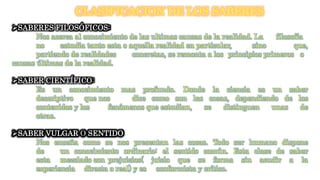 CLASIFICACION DE LOS SABERES
SABERES FILOSÓFICOS:
Nos acerca al conocimiento de las ultimas causas de la realidad. La filosofía
no estudia tanto esta o aquella realidad en particular, sino que,
partiendo de realidades concretas, se remonta a los principios primeros o
causas últimas de la realidad.
SABER CIENTÍFICO:
Es un conocimiento mas profundo. Donde la ciencia es un saber
descriptivo que nos dice como son las cosas, dependiendo de los
contenidos y los fenómenos que estudian, se distinguen unas de
otras.
SABER VULGAR O SENTIDO
Nos enseña como se nos presentan las cosas. Todo ser humano dispone
de un conocimiento ordinario: el sentido común. Esta clase de saber
esta mezclado con prejuicios( juicio que se forma sin acudir a la
experiencia directa o real) y es conformista y crítico.
 