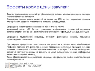 Эффекты кроме цены закупки:
Закупки оригинальных запчастей от официального дилера. Минимизация риска поставок
низкокачественных запчастей.
Сокращение уровня запаса запчастей на складе до 40% за счет повышения точности
планирования, создания управляемого запаса на складе дилера.
Сокращение вероятности возникновения НВИ и НЛИ на 70-80%
Уточненный расчет КТГ. За счет повышения коэффициента технической готовности
автотранспорта с 0,88 до 0,91 достигается экономический эффект до 20 млн.руб. ежегодно.
Сокращение трудоемкости процедур, стоимости размещения заказов, повышение
прогнозируемости поставок.
При текущем процессе поставок запчасти поступают не в соответствии с необходимым
графиком поставок для ремонтов, а после проведения закупочных процедур, по мере
доставки поставщиком. Соответствие комплектности отсутствует. Т.е. часть необходимых
запчастей поступает на склад, но ремонты не могут выполняться, т.к. еще необходимые
запчасти не поступили на склад.
Таким образом растет уровень запасов на складе, но и срывается график ремонтов, техника
может простаивать .
 