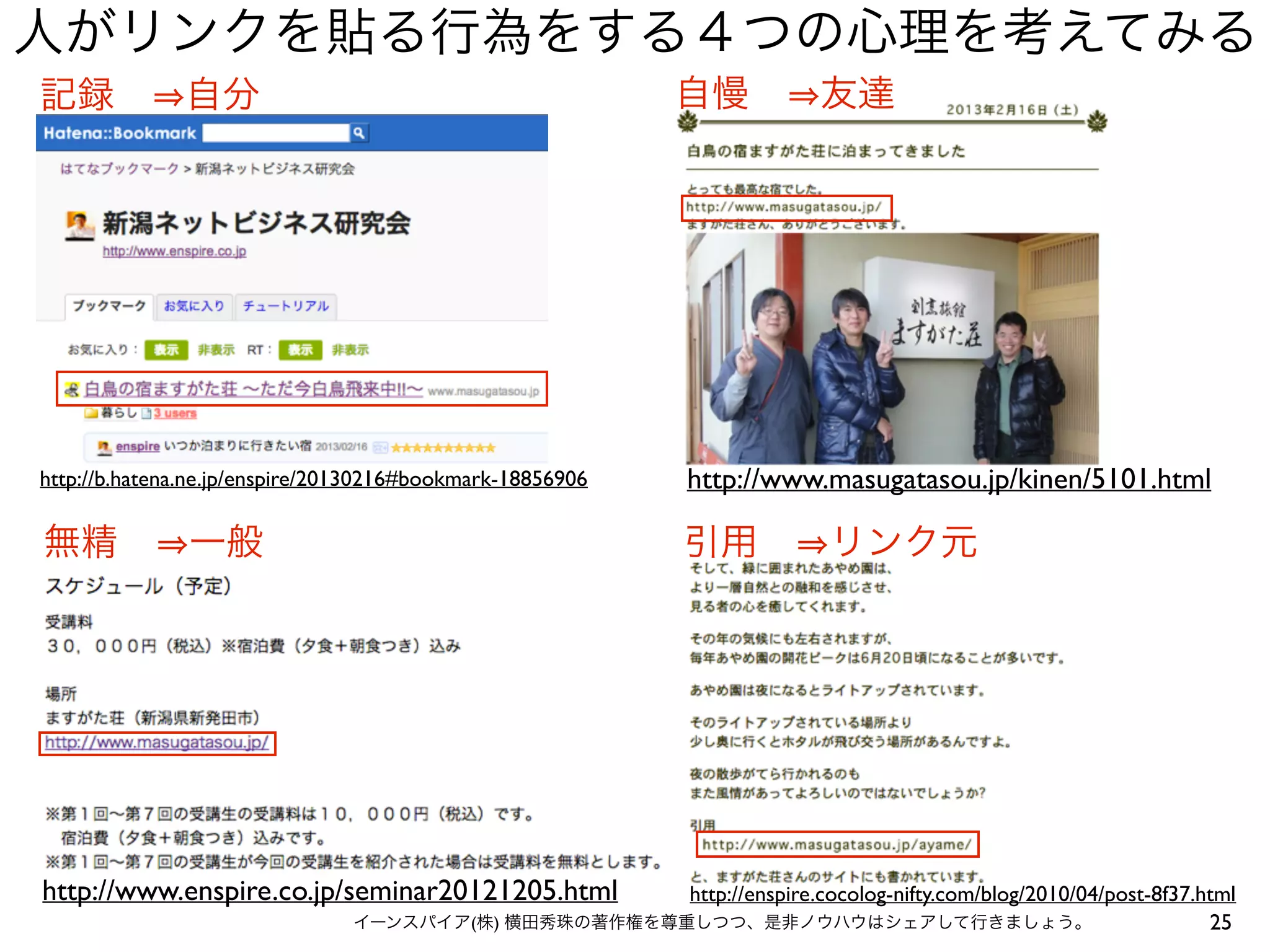 25イーンスパイア(株) 横田秀珠の著作権を尊重しつつ、是非ノウハウはシェアして行きましょう。
http://b.hatena.ne.jp/enspire/20130216#bookmark-18856906 http://www.masugatasou.jp/kinen/5101.html
http://enspire.cocolog-nifty.com/blog/2010/04/post-8f37.html
人がリンクを貼る行為をする４つの心理を考えてみる
記録  自分  自慢  友達
引用  リンク元無精  一般
http://www.enspire.co.jp/seminar20121205.html
 
