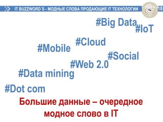 18IT BUZZWORD`S - МОДНЫЕ СЛОВА ПРОДАЮЩИЕ IT ТЕХНОЛОГИИ
Большие данные – очередное
модное слово в IT
#Mobile
#Social
#Web 2.0
#Data mining
#Dot com
#Big Data
#Cloud
#IoT
 