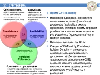 31CAP ТЕОРЕМА
«Теорема CAP» (Брюера)
• Невозможно одновременно обеспечить
согласованность данных (consistancy),
доступность (availability, в смысле
корректность отклика по любому запросу) и
устойчивость к расщеплению системы на
распределённые (изолированные) части
(partition tolerance).
• Возможные варианты: CA, CP, AP
• Отход от ACID (Atomicity, Consistency,
Isolation, Durability — атомарность,
согласованность, изолированность,
долговечность), обеспечиваемых
традиционными реляционными СУБД,
позволяет создавать масштабируемое
производительное решение с высокой
доступностью и устойчивостью к
разделению
Согласованность
во всех вычислительных
узлах в один момент
времени данные не
противоречат друг другу
Доступность
любой запрос к
распределённой
системе завершается
корректным
откликом
Устойчивость к расщеплению
расщепление распределённой системы на
несколько изолированных секций не приводит к
некорректности отклика от каждой из секций
 