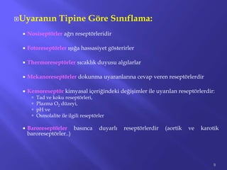 Uyaranın Tipine Göre Sınıflama:
 Nosiseptörler ağrı reseptörleridir
 Fotoreseptörler ışığa hassasiyet gösterirler
 Thermoreseptörler sıcaklık duyusu algılarlar
 Mekanoreseptörler dokunma uyaranlarına cevap veren reseptörlerdir
 Kemoreseptör kimyasal içeriğindeki değişimler ile uyarılan reseptörlerdir:
 Tad ve koku reseptörleri,
 Plazma O2 düzeyi,
 pH ve
 Osmolalite ile ilgili reseptörler
 Baroreseptörler basınca duyarlı reseptörlerdir (aortik ve karotik
baroreseptörler..)
9
 